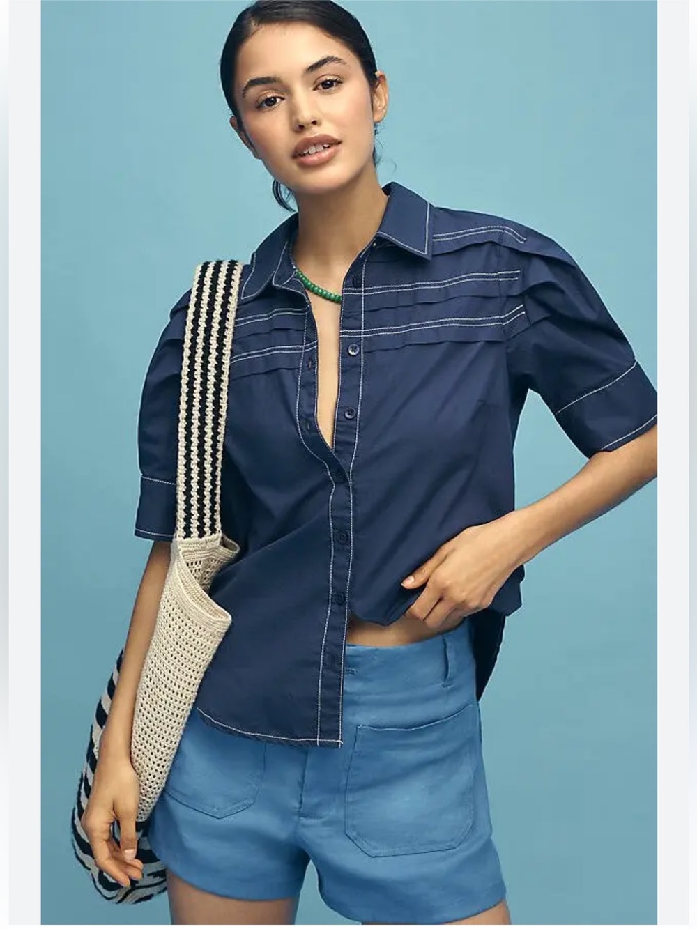 Anthropologie Pilcro Short-Sleeve Reworked Buttondown Navy Blue Shirt Top Size L